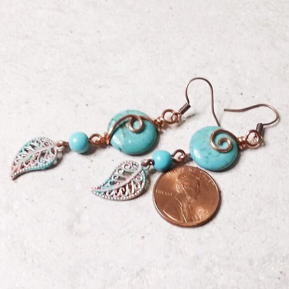 Copper Leaf + Turquoise Howlite ~ Wire Wrapped Dangle Earrings ~ Boho ~ Coastal - Picture 6 of 7
